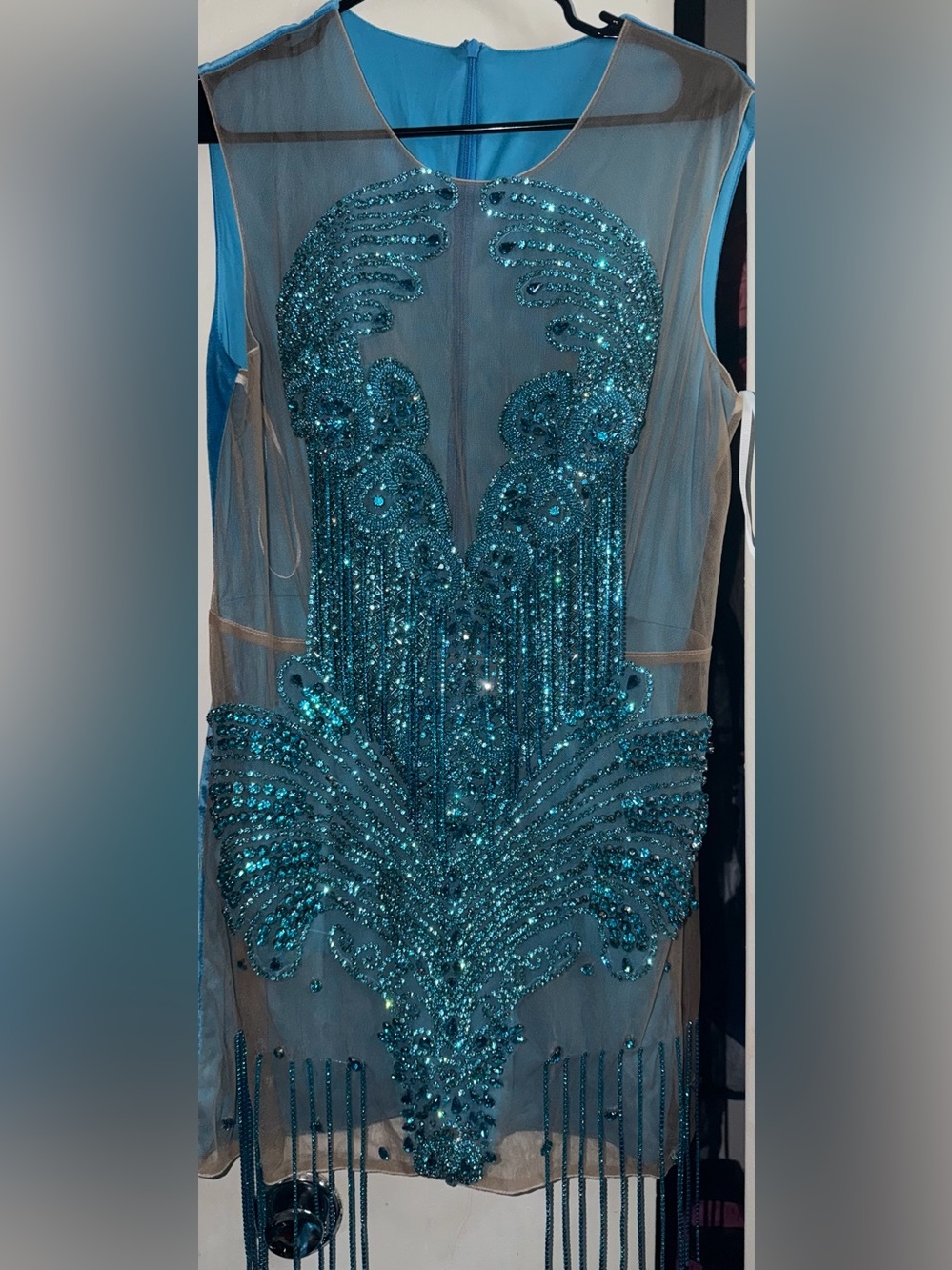 Teal Sequin Fringe Mini Dress